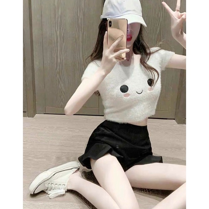 Áo Croptop phối lông in hình siêu xinh Cam Kết Hàng Y Hình ( Size từ 40-53kg)
