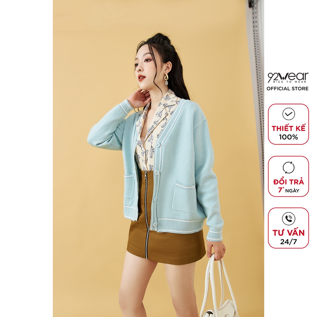 Áo len cardigan nữ dài tay phối viền 92WEAR, chất len cao cấp, co giãn tốt KLA0068 | BigBuy360 - bigbuy360.vn