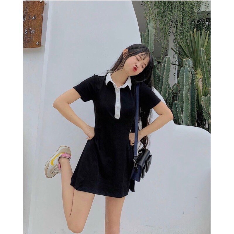 [ MẪU MỚI HOT ] VÁY POLO ĐEN  DÁNG XOÈ VIỀN CỔ TRẮNG