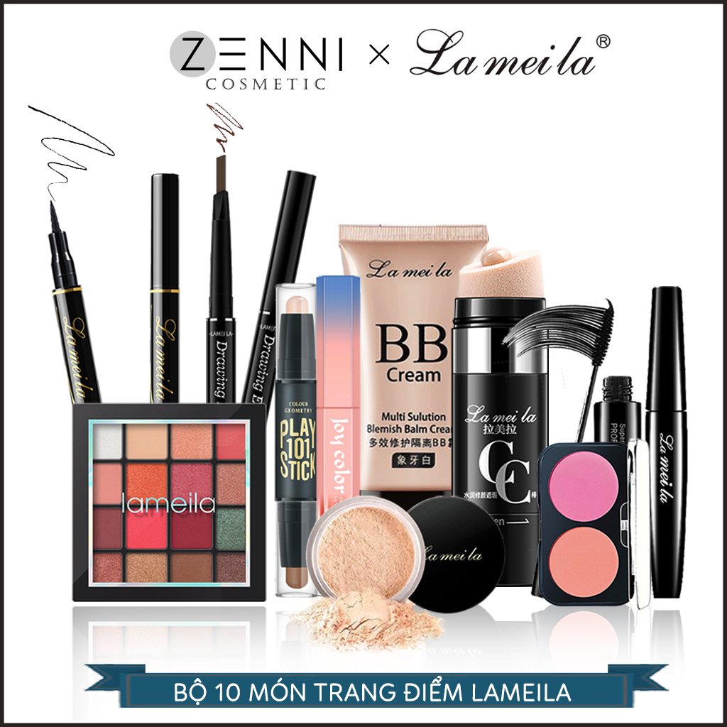 Bộ 10 món trang điểm chuyên nghiệp đầy đủ Lameila - Che khuyết điểm, kem nền, phấn phủ, mascara, son kem, chì kẻ - Zenni