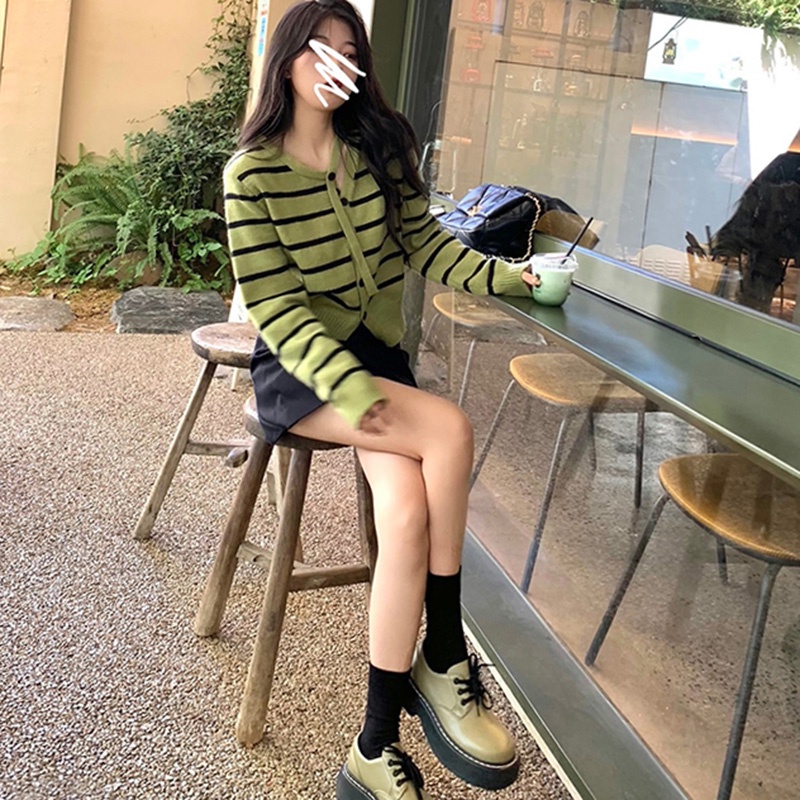 Áo cardigan ZHELIHANGFEI dệt kim tay dài lưng cao kẻ sọc thiết kế quyến rũ cá tính