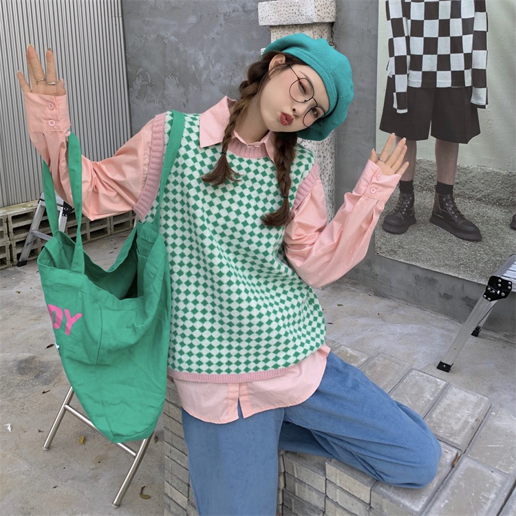 Áo len không tay họa tiết sọc caro phong cách Hàn quốc