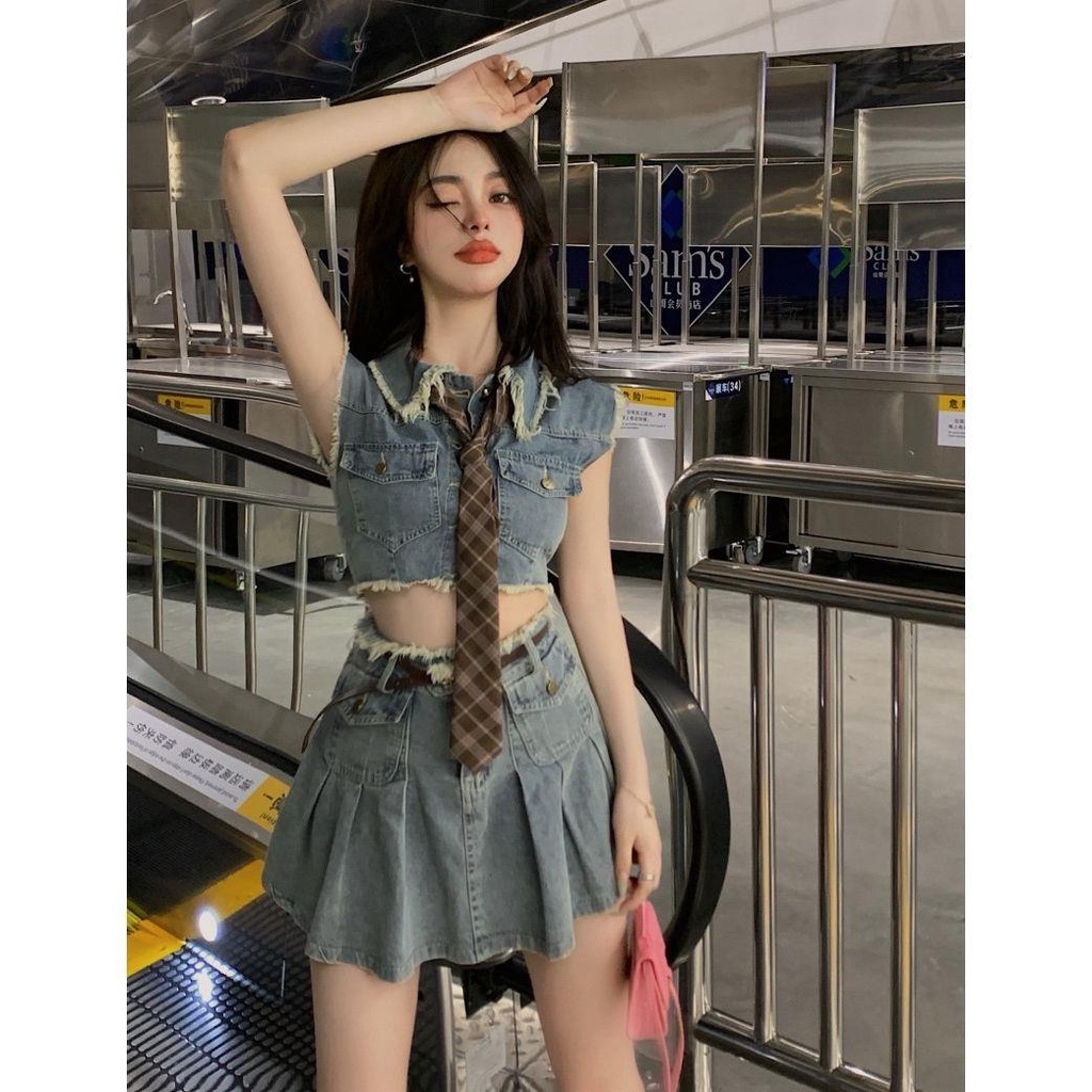 Set Áo Không Tay + Chân Váy Chữ a Lưng Cao Chất Liệu Denim Thời Trang Mùa Hè Mới Cho Nữ