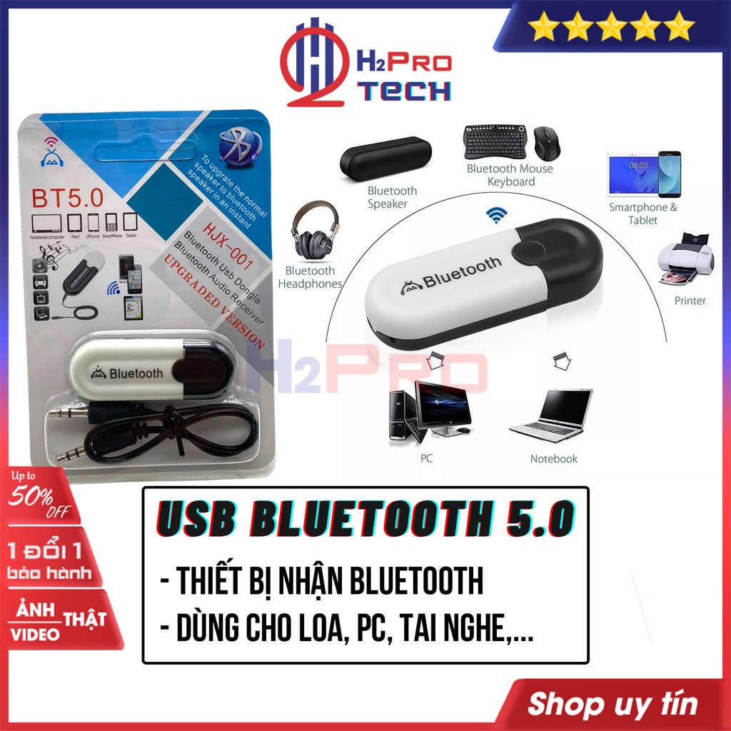 Usb Bluetooth 5.0, Usb Bluetooth Cho Loa, Pc, Xe Hơi-Thiết Bị Nhận Cao Cấp Bắt Sóng Xa 10M, Tặng Dây Aux - H2Pro Tech