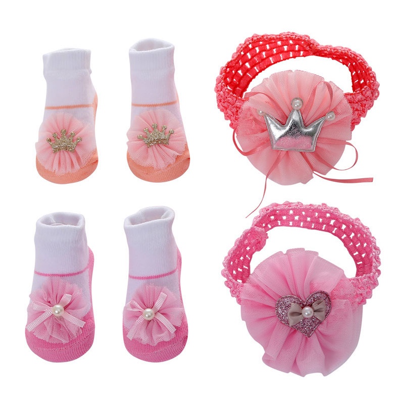 Set vớ cotton + băng đô đính hoa dễ thương để chụp ảnh cho bé sơ sinh