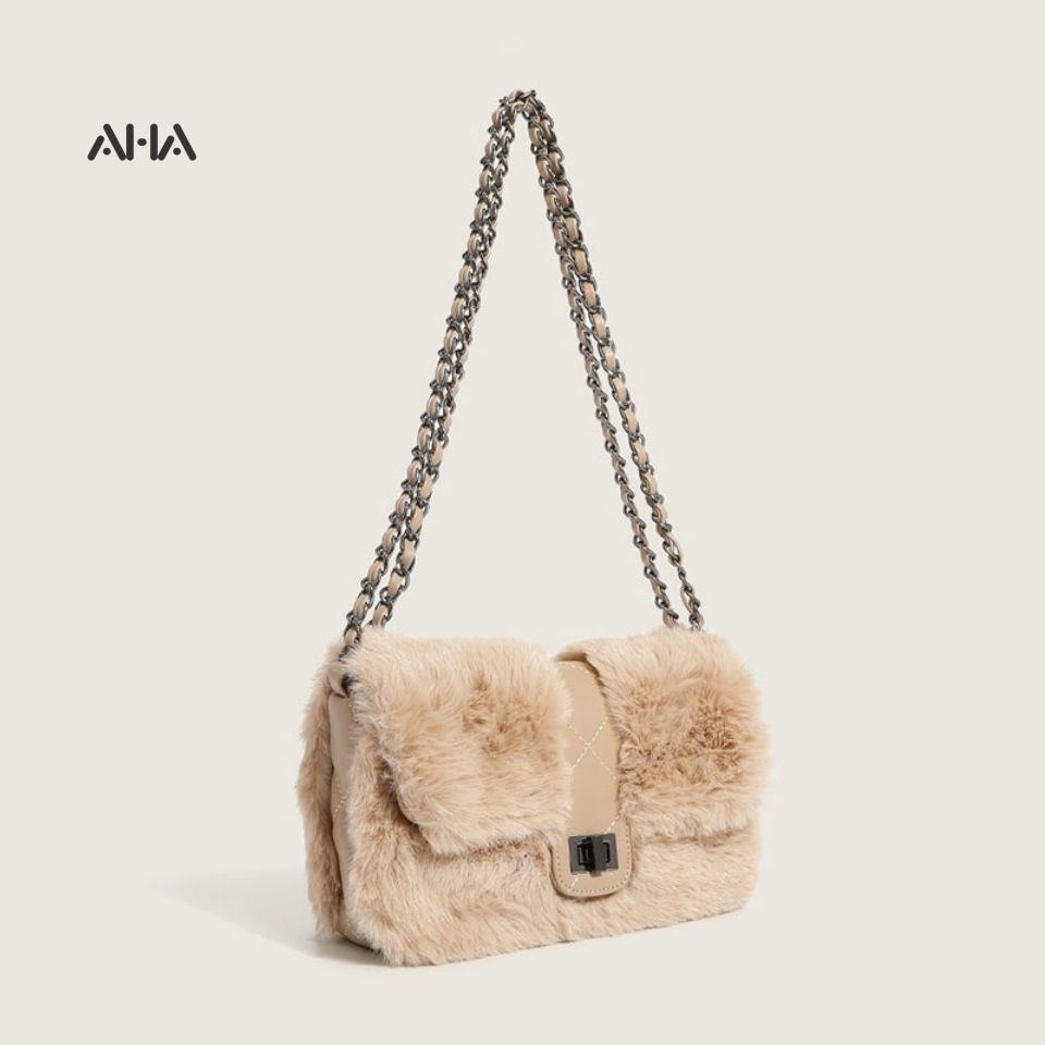 Túi xách đeo vai AHA official phủ bông phối dây xích đính đá thời trang sang trọng cho nữ