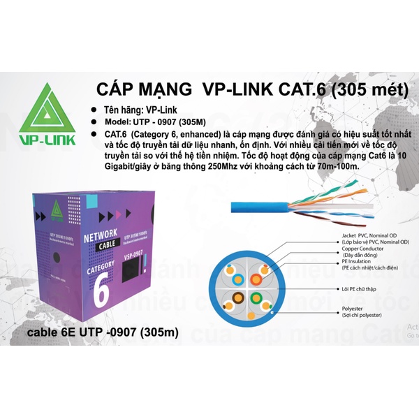 Thùng cáp mạng VP-Link Cat 6E UTP VSP-0907  Lõi Chữ Thập, Dây Cáp Xanh - Hàng Chính Hãng - Bảo hành 1 tháng