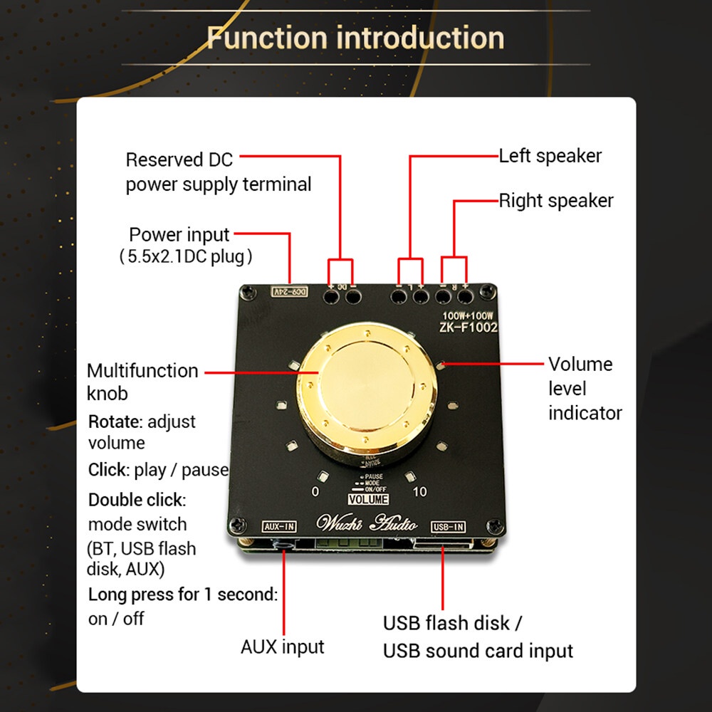 Mô đun bảng mạch khuếch đại âm thanh ZIQQUCU bluetooth 5.1 2x100W TPA3116D2 AMP với AUX/ đĩa U/ USB có chỉ báo âm lượng