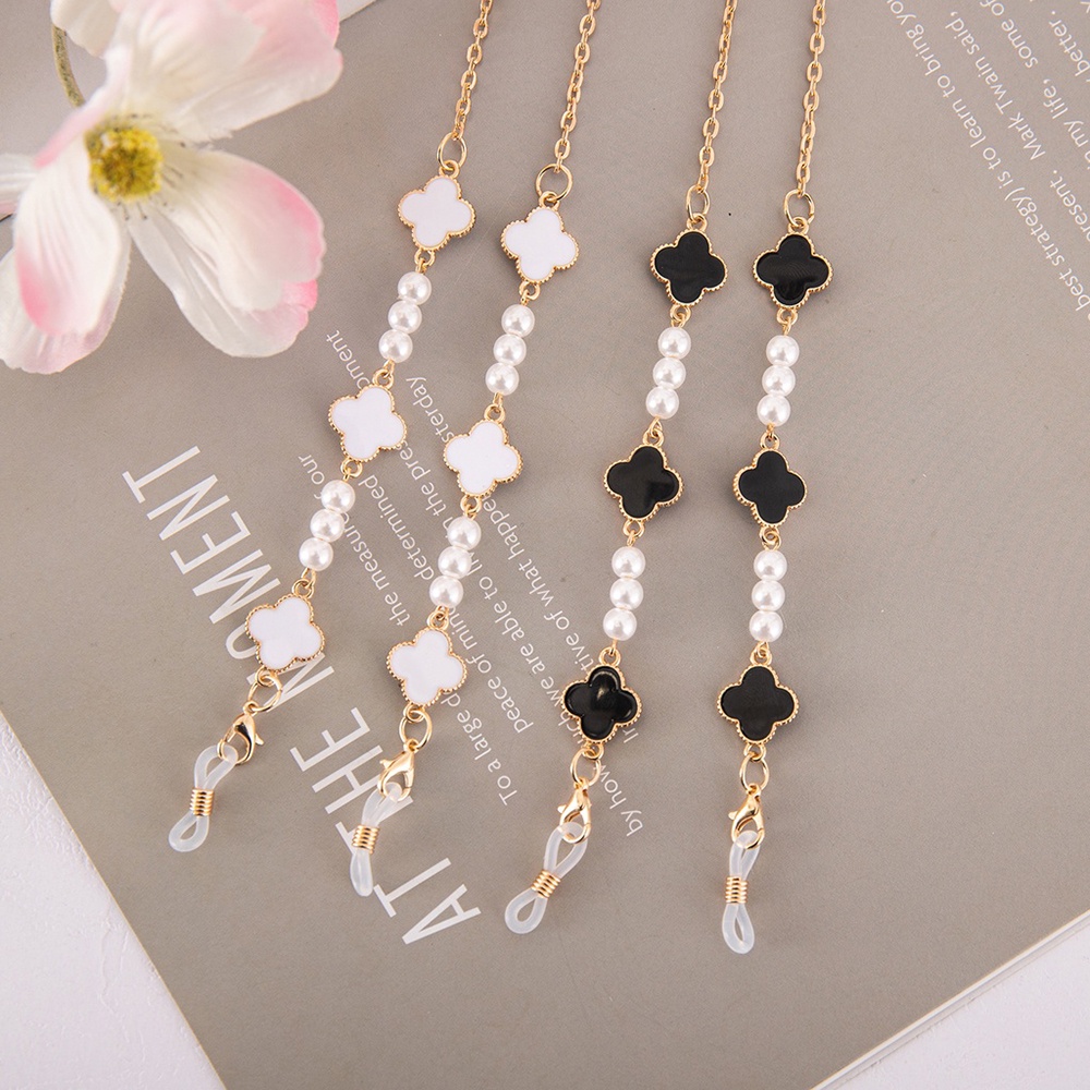 Dây Đeo Mắt Kính Hình Cỏ Bốn Lá Đính Ngọc Trai Nhân Tạo Dễ Thương Dành Cho Nữ