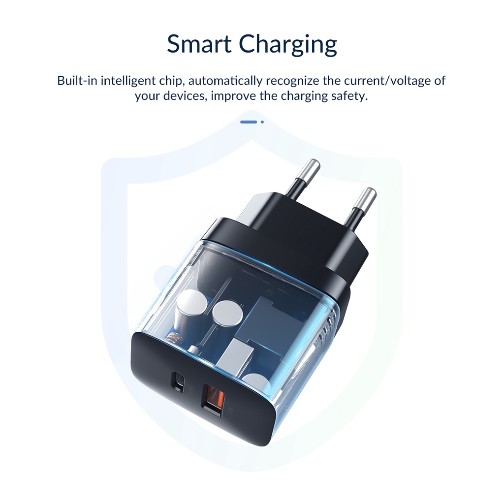 Củ Sạc Nhanh Orico (PV20-1U1C) 20W QC 3.0 Cổng EU Hỗ Trợ Sạc Nhanh 2 cổng Type-C - Hàng Chính Hãng