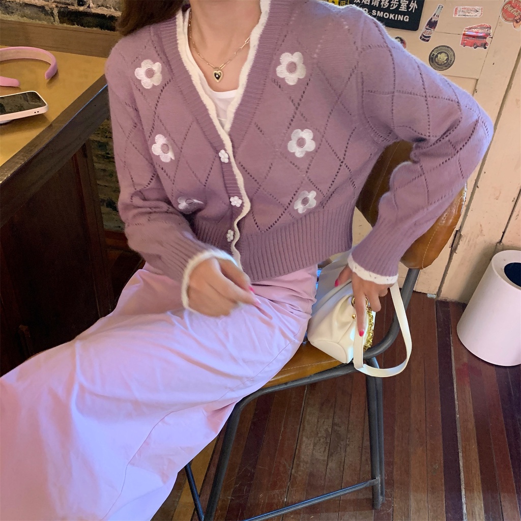 Áo khoác cardigan Pure Cube dệt kim tay dài thêu hoa dễ thương xinh xắn cho nữ