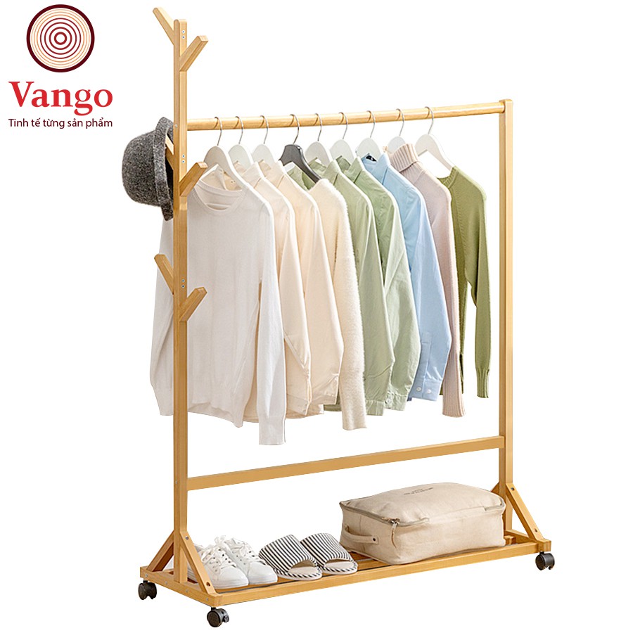 Giá kệ treo quần áo đa năng Vango V4 gỗ tre tự nhiên thân thiện môi trường, Có chỗ để giày tiện lợi, thiết kế sang trọng