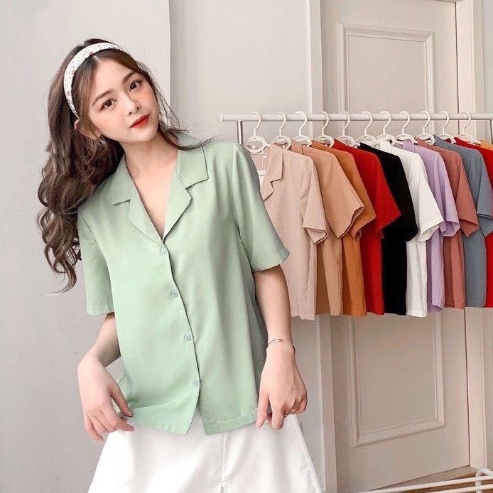 Sơ mi nữ tay ngắn cổ vest tone màu pastel xinh xắn