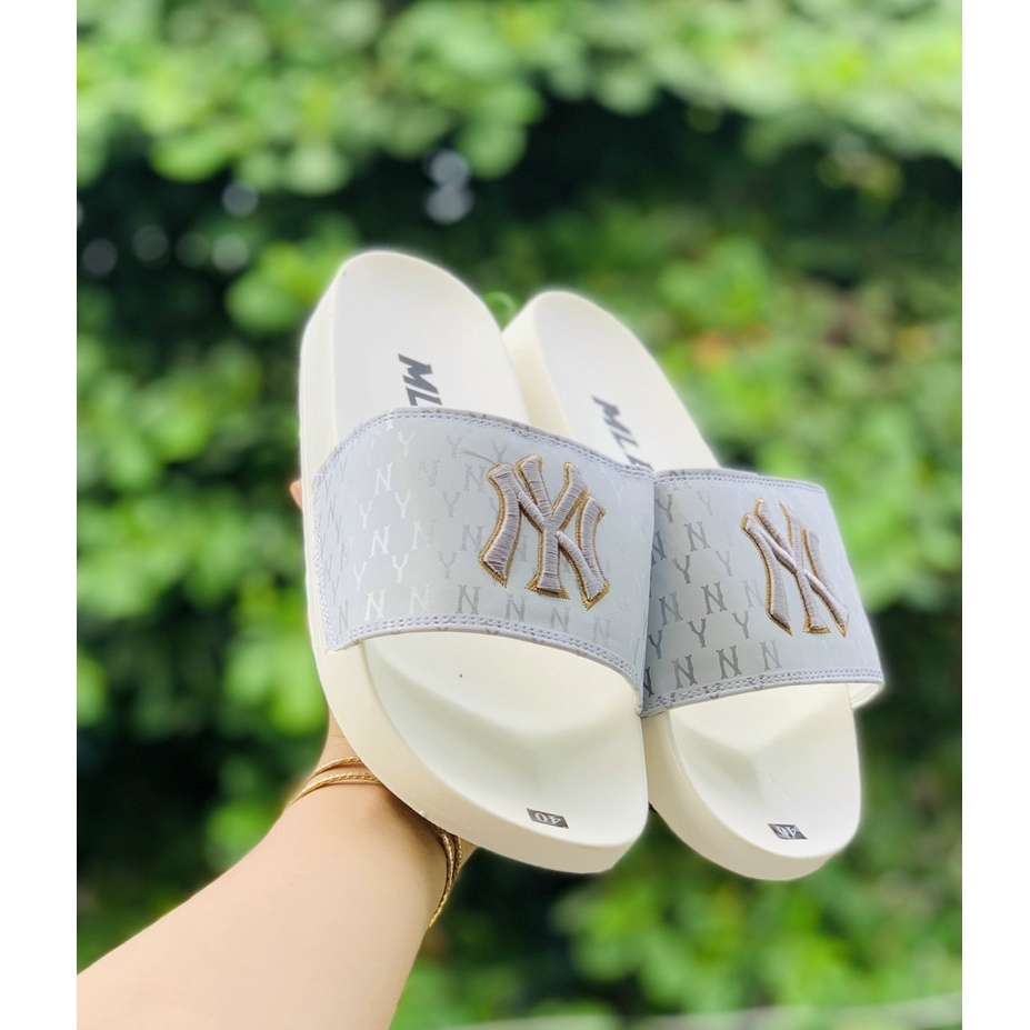 Dép quai ngang 𝐌𝐋𝐁 ❤️FREESHIP+Hộp❤️ Dép NY bóng chày thể thao nam nữ chữ thêu nỗi kèm tag mác trắng bạc