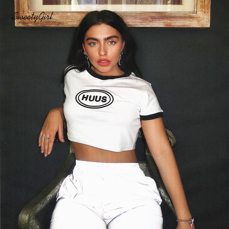 Áo Thun Croptop Cổ Tròn In Họa Tiết Màu Tương Phản Thời Trang Cho Nữ 2022