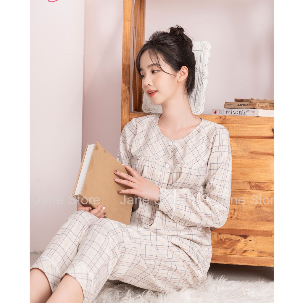 Set đồ ngủ nữ kẻ caro phối né dài tay chất liệu thô hàn thoáng mát thấm hút mồ hôi bộ đồ mặc nhà thoải mái Jane DK20