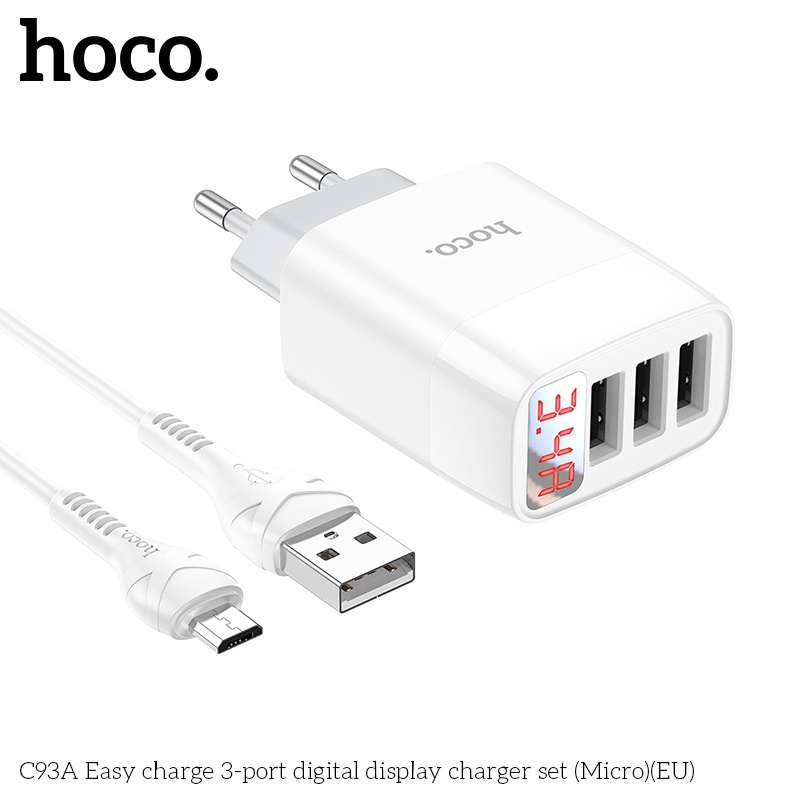 Bộ Củ Cáp Sạc Nhanh Hoco C93A 3 Cổng USB Kèm Dây Sạc Loại Chân Micro,IP Và Type C. Bảo Hành 12 Tháng