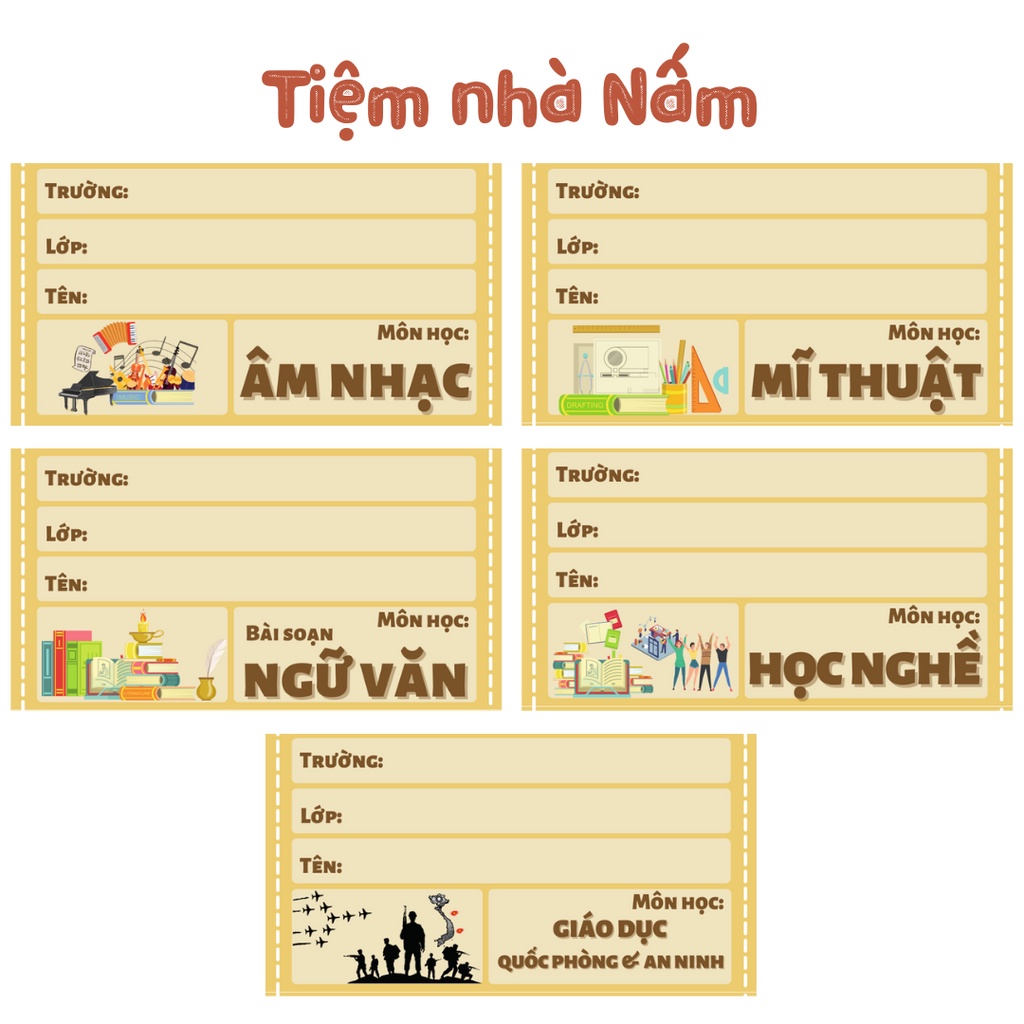 Combo Nhãn Vở Thiết Kế Theo Tên Môn Học, Vàng Hoàng Kim Hình Theo Môn