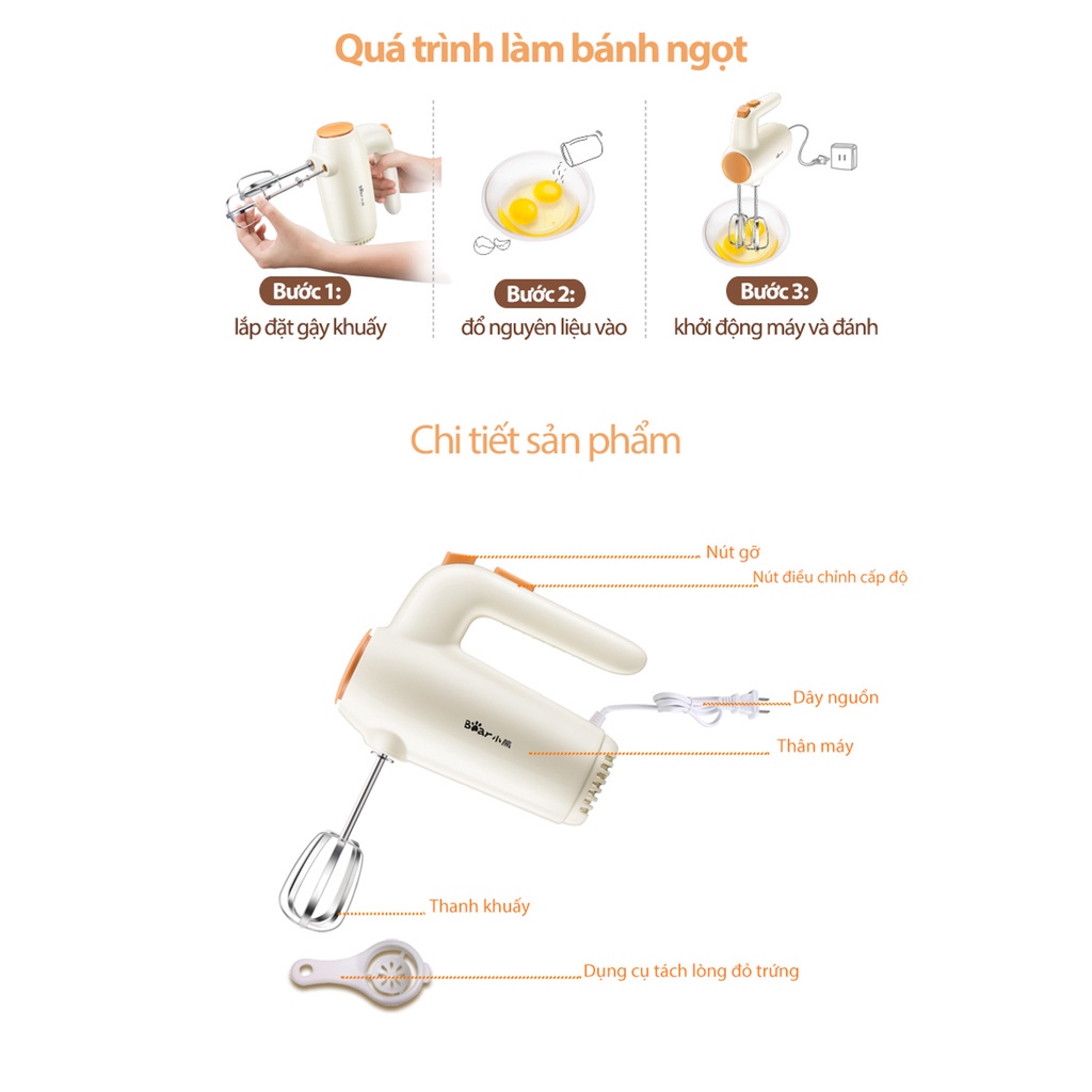 Máy đánh trứng cầm tay mini Bear B01K1, máy đánh kem, trộn bột Bear Cao Cấp, 5 mức độ, công suất mạnh, bảo hành 12 tháng