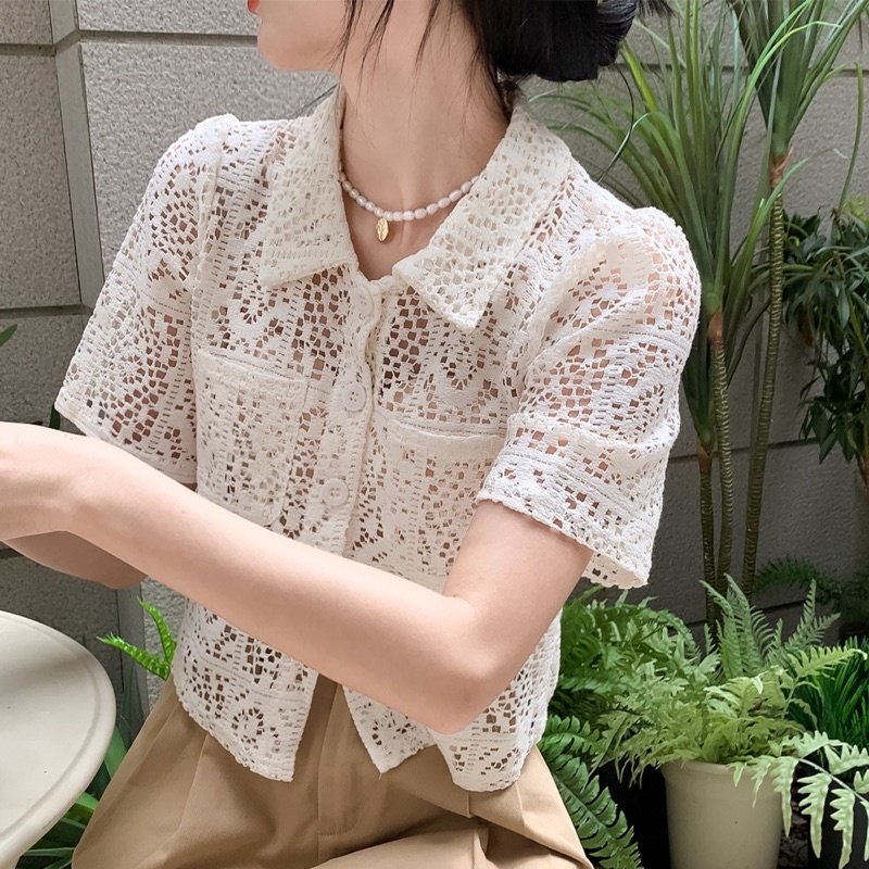 Áo sơ mi ngắn tay ren phong cách Hàn quốc Aosomicoducren29/P0K5