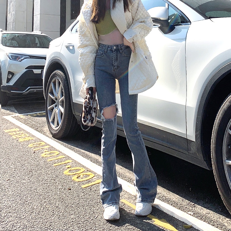 Ethelgirl Quần jeans Nữ Lưng Cao Ống Loe Thời Trang