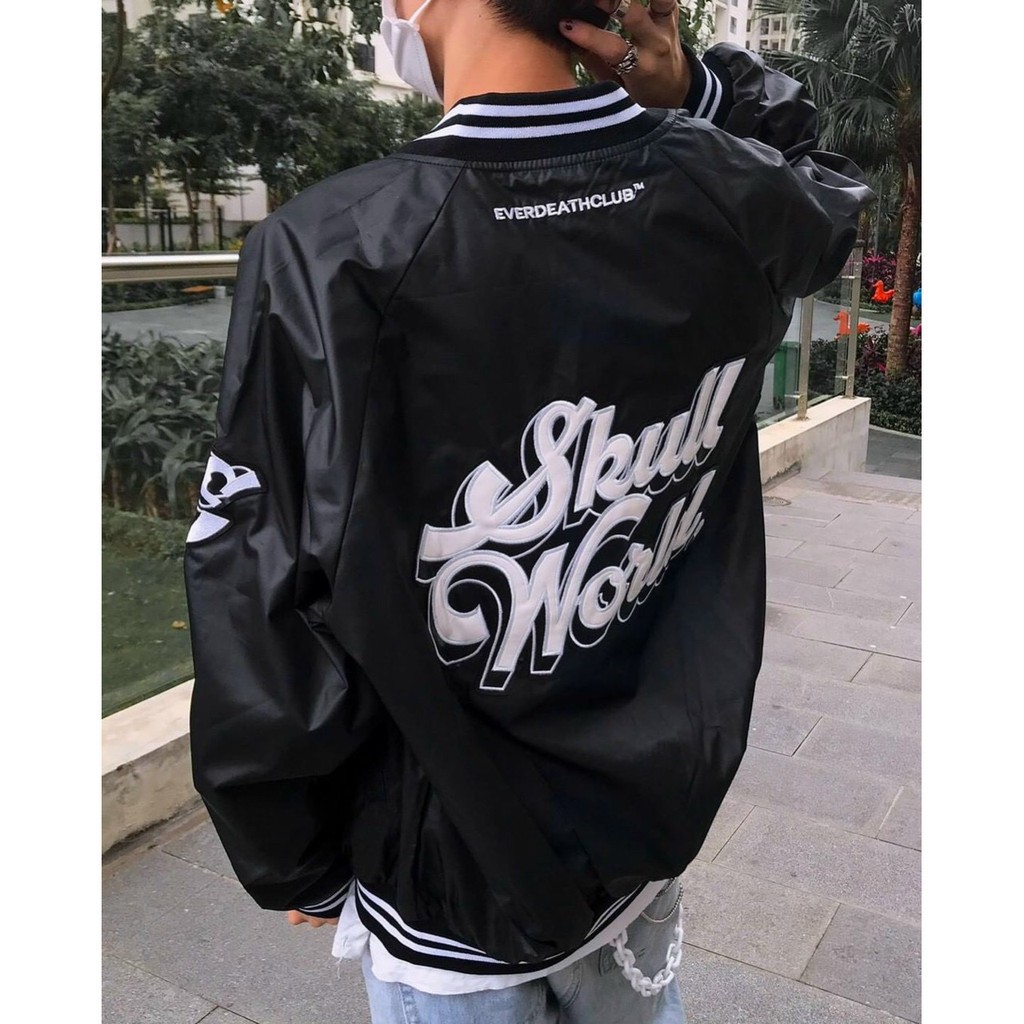 Áo khoác Bomber dù Skull World 2 lớp cổ tròn cúc bấm phong cách Ulzzang