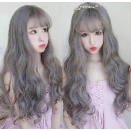 Korean Grandma Ash Fashion Cosplay Wig Long Hair Curly Wigs with Air Bang