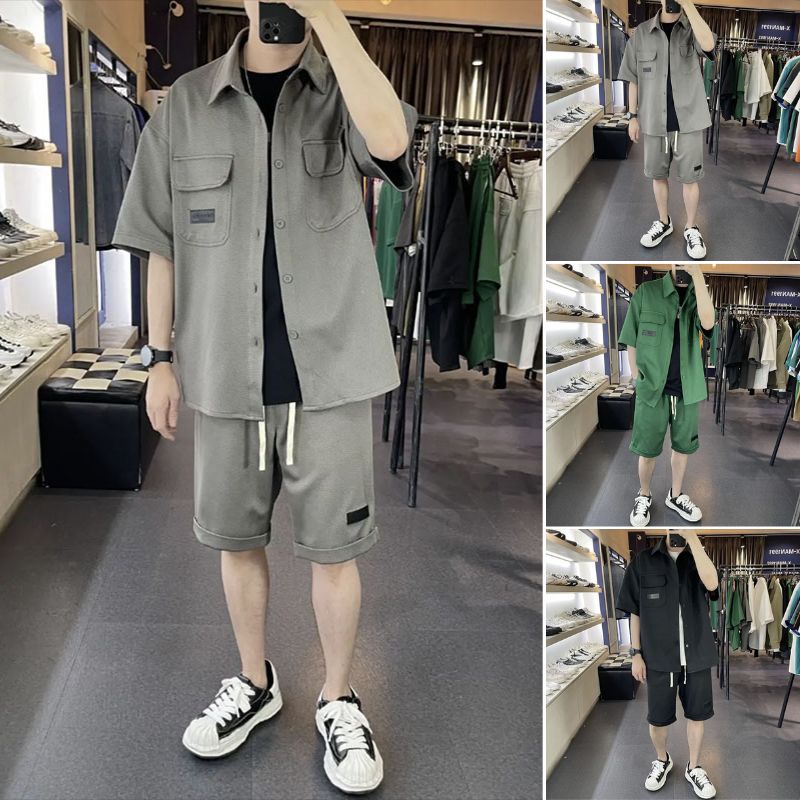 Bộ Đồ Nam Unisex Mùa Hè Áo Sơ Mi Phối Túi Ngực Tay Lỡ Quần Short Cạp Chun Thời Trang Mixxstoreno.1 QA NAM 128