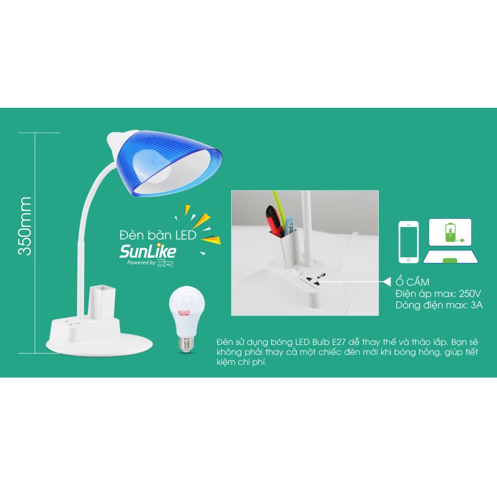 Đèn học, đèn bàn chống cận thị RẠNG ĐÔNG RD-RL-40 8W, có ổ cắm, ống bút, cổng USB