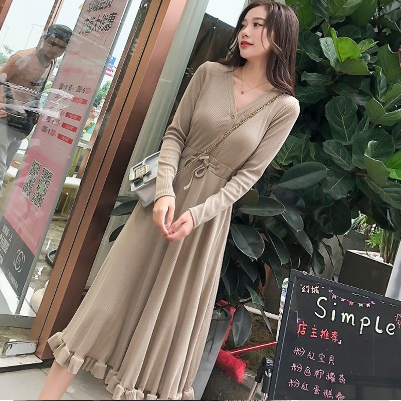 Đầm thun gân thời trang thắt eo , cổ V sang trọng , quý phái 124