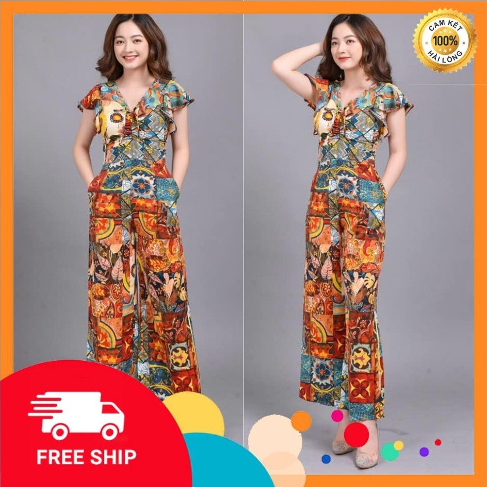 Bộ đồ bay - Jumpsuit ống rộng in họa tiết cao cấp