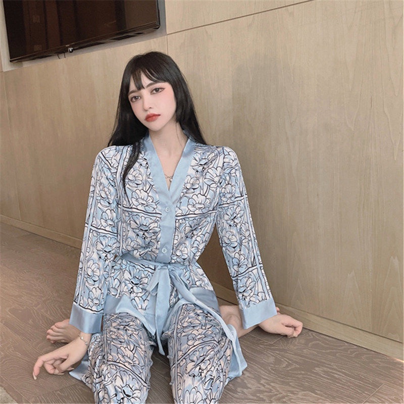 Bộ đồ ngủ tay dài chất liệu lụa lạnh sang trọng phong cách Pháp thời trang cho nữ