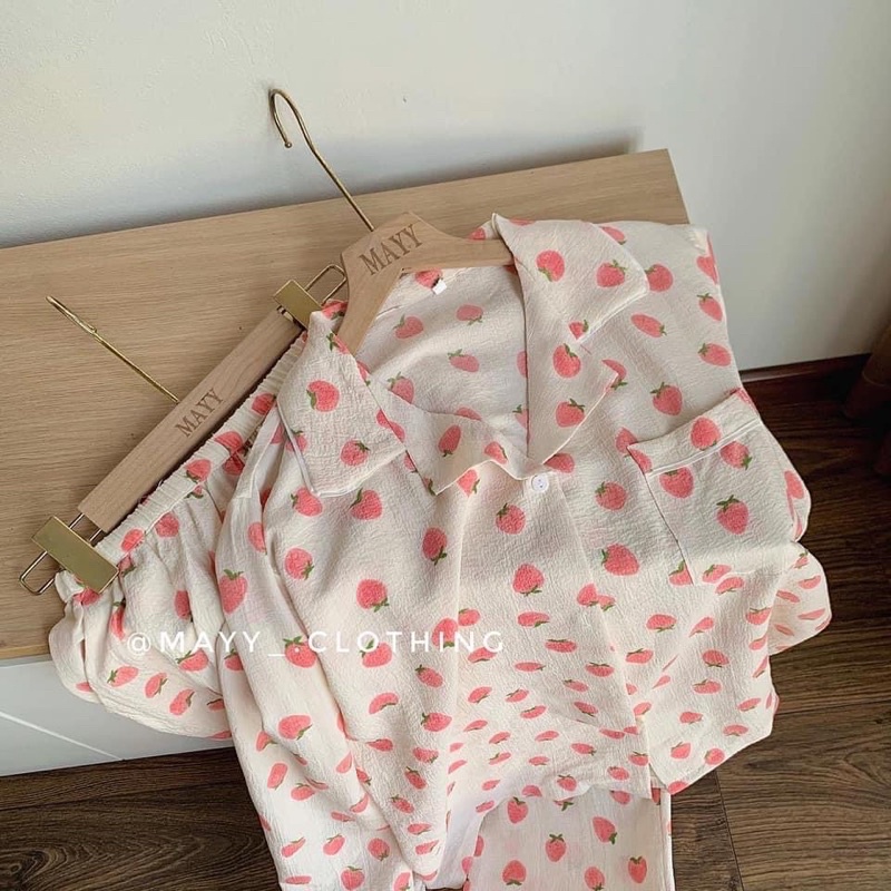 Bộ pijama mặc nhà hoạ tiết hình dễ thương chất đũi xốp áo dài quần dài thu đông