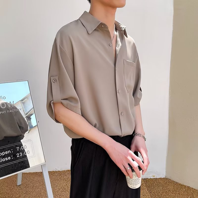 Áo Sơ Mi Chiffon Lụa Satin Cao Cấp Tay Ngắn Màu Đen / Trắng Kiểu Hàn Quốc Thời Trang 2022 Cho Nam