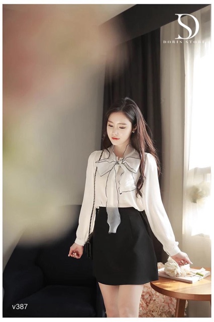 Áo sơ mi nữ cổ nơ viền đen m65 | BigBuy360 - bigbuy360.vn