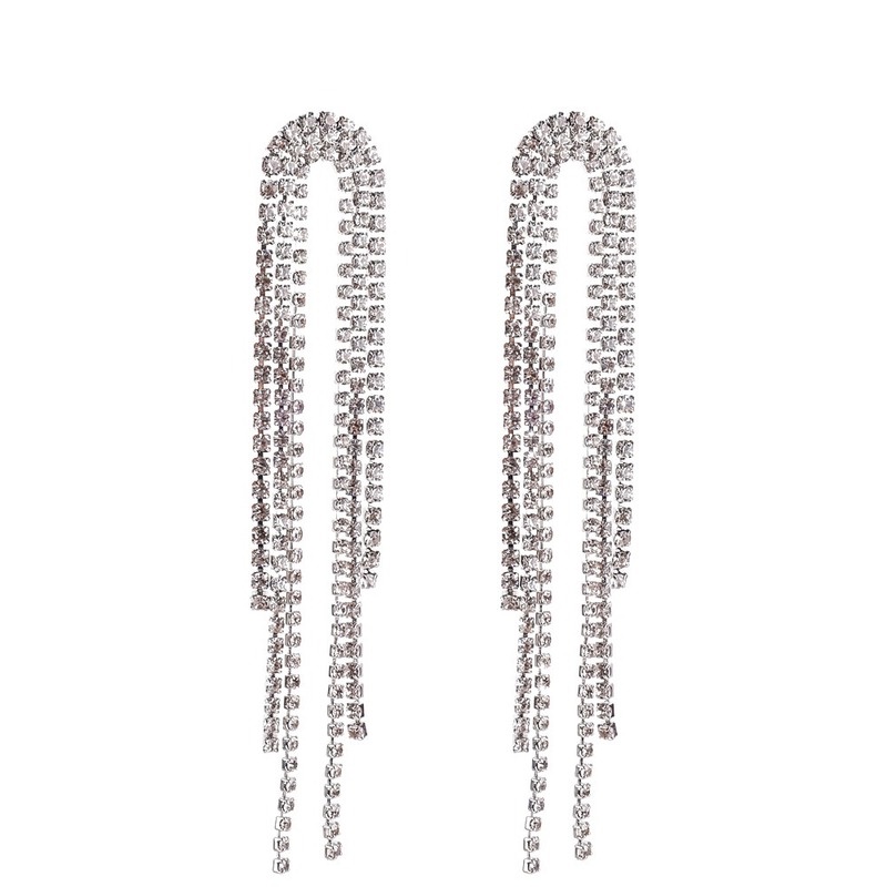 Bông Tai Mạ Bạc Dáng Dài Đính Đá Tua Rua Phong Cách Âu Mỹ