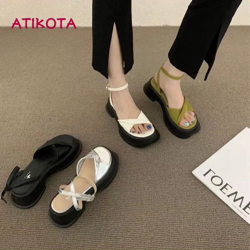 Xăng đan ATIKOTA cao gót đính nơ thời trang mùa hè cho nữ