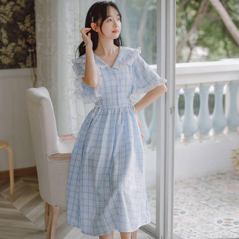 Đầm tay ngắn cổ búp bê họa tiết sọc caro màu xanh dương phong cách Hàn Quốc dễ thương cho nữ size S-2XL