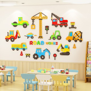 Tranh mica dán tường 3d xe công trường trang trí phòng cho bé