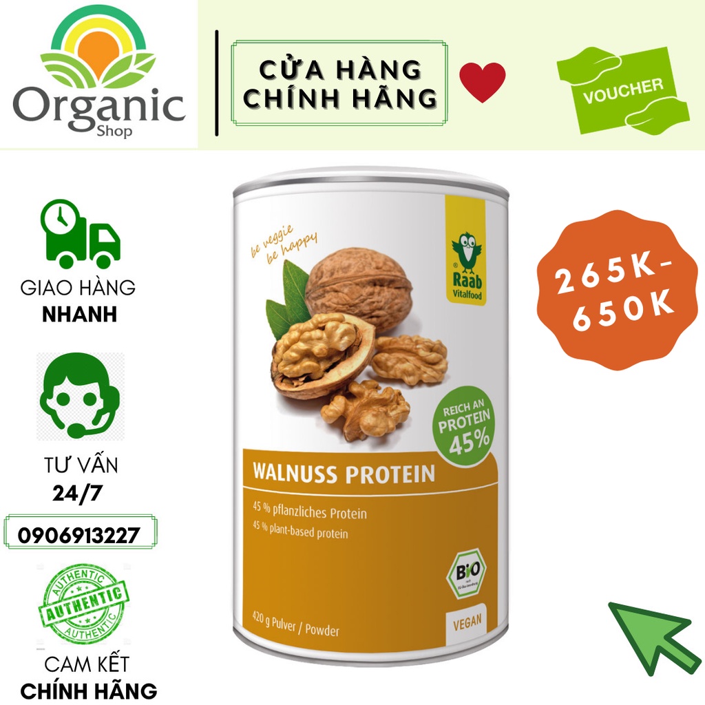 Bột protein hạt óc chó hữu cơ, 45% protein 110g - Raab