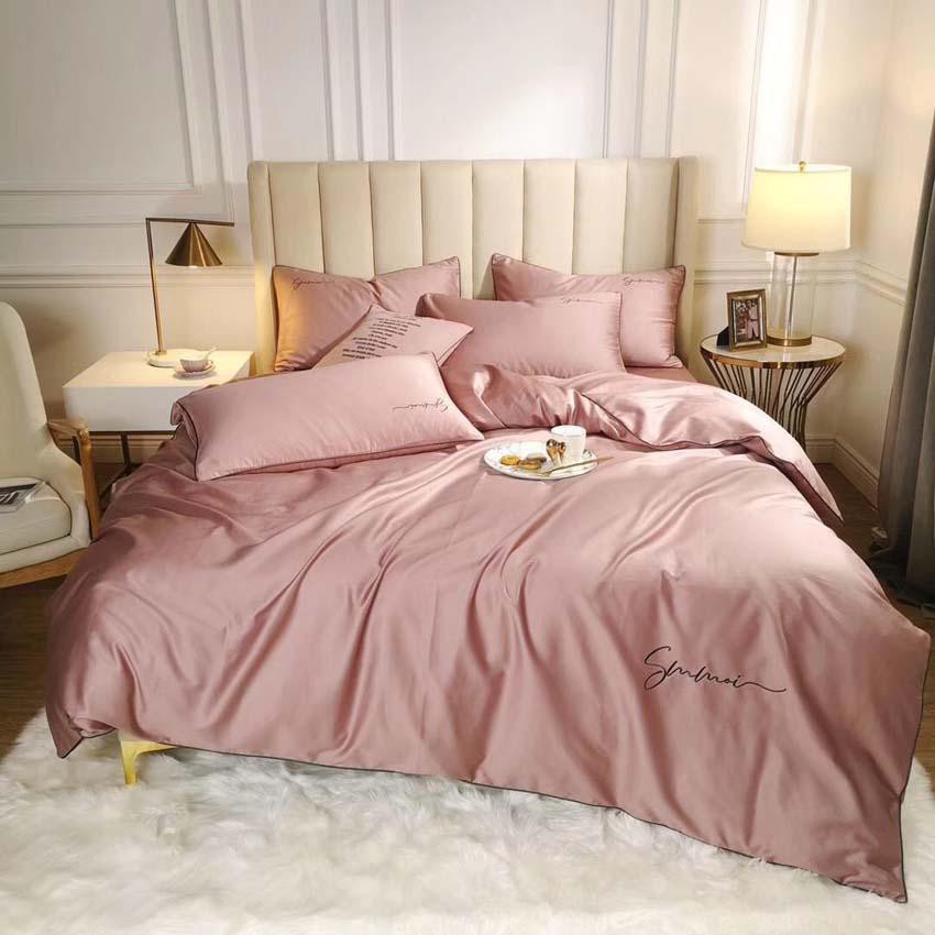 Bộ Chăn Ga Gối Lụa LIDACO cotton lụa trơn sợi vải 60s - Hồng Phấn