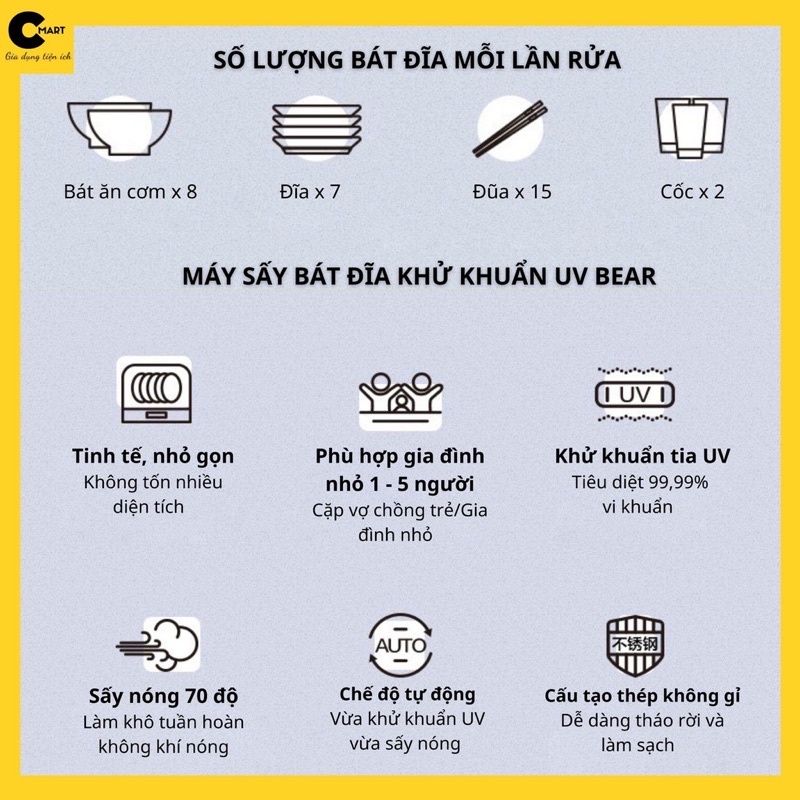 Máy Sấy Bát Đĩa Bình Sữa &amp; Khử Trùng Bear XDC-A26D1 [CMART_GIA DỤNG TIỆN ÍCH]