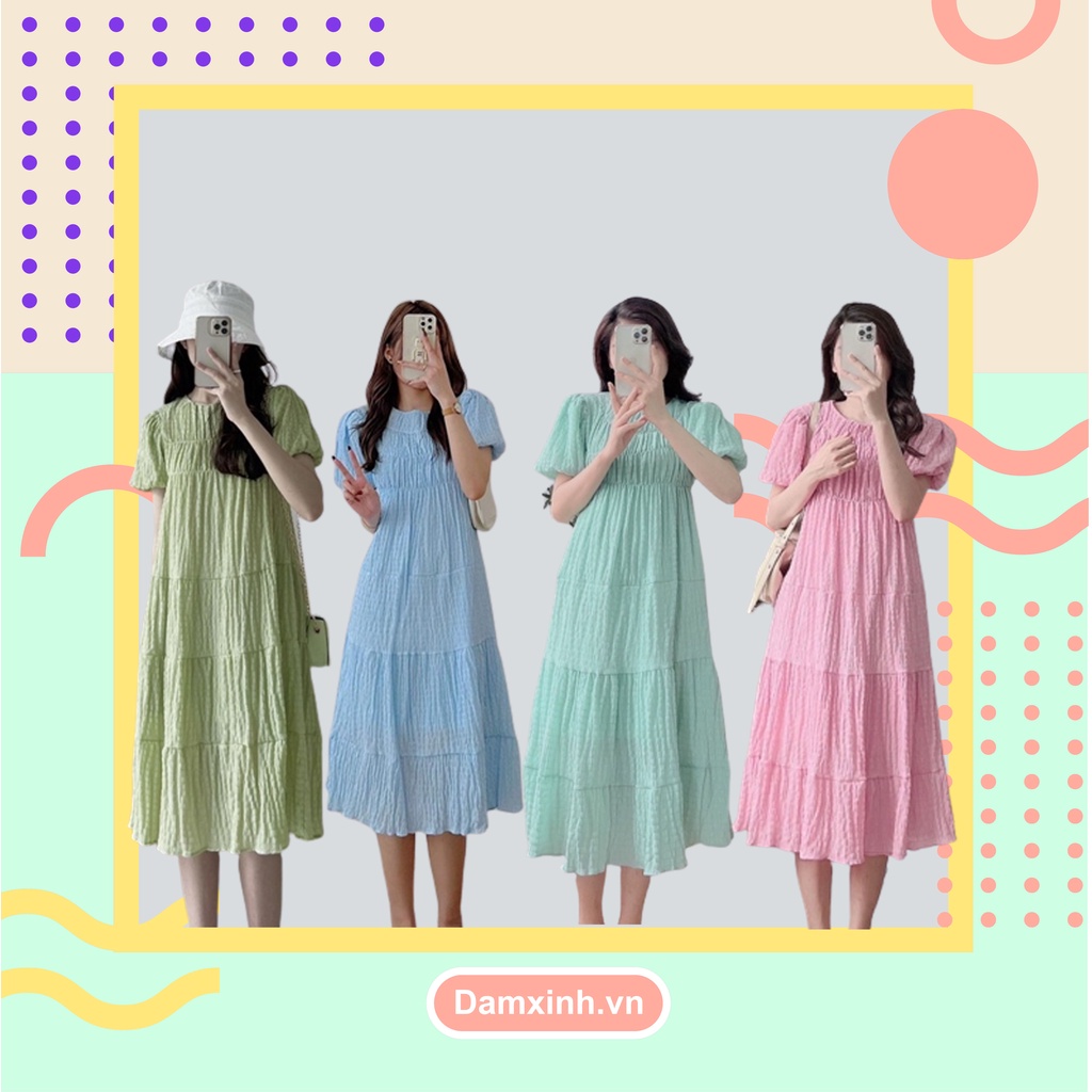 Váy maxi dáng dài chất phồng xốp tay lỡ, Đầm nữ maxi cổ tròn đi biển nhiều màu hottrend chất vải dày dặn