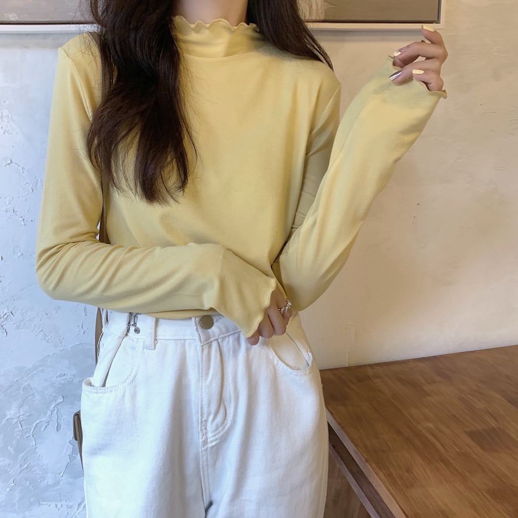 Áo thun nữ dài tay cổ cao phong cách Hàn Quốc