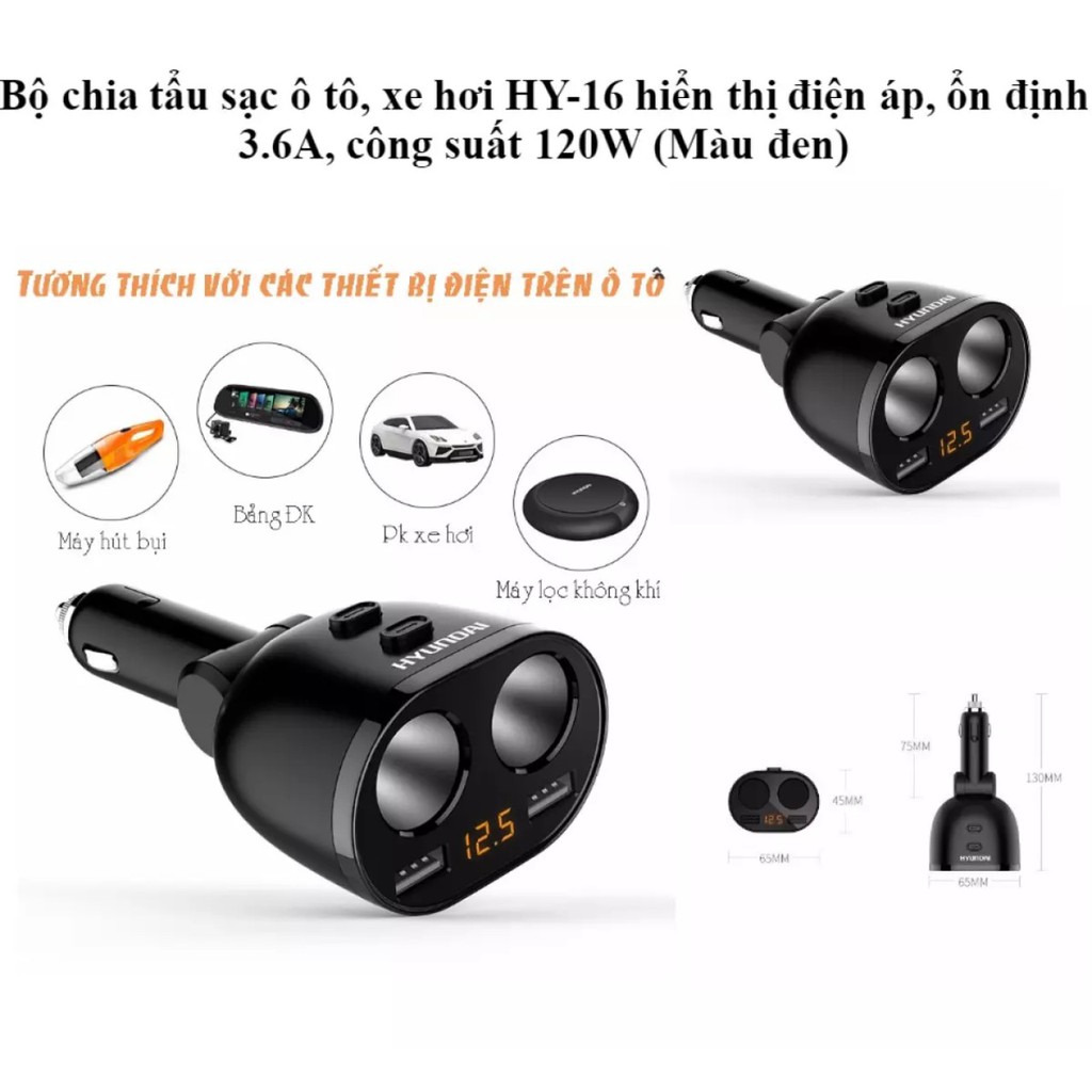 Bộ chia tẩu sạc ô tô, xe hơi HY-16 hiển thị điện áp, ổn định 3.6A, công suất 120W