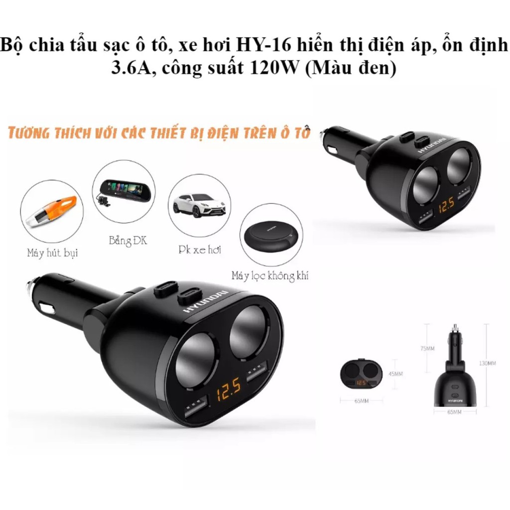 Bộ chia tẩu sạc ô tô, xe hơi HY-16 hiển thị điện áp, ổn định 3.6A, công suất 120W (Màu đen)