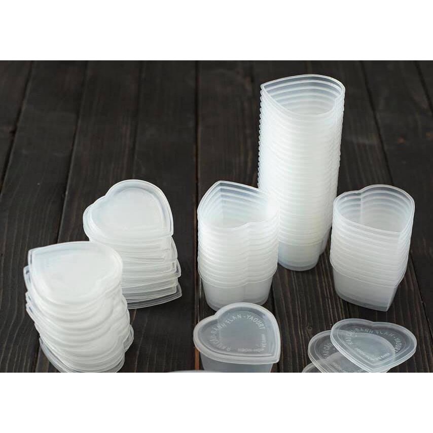 Set 50 hộp flan hình tim chất liệu nhựa PP dùng để hấp bánh flan, da lợn, rau câu