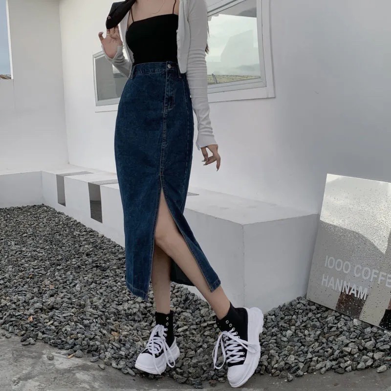 Chân váy dài nữ jean xẻ tà, cạp cao hàng Quảng Châu cao cấp | BigBuy360 - bigbuy360.vn
