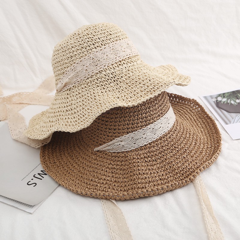 Nón Cói Vành Rộng Mềm Nữ Nơ Ren Đơn Giản Đi Biển