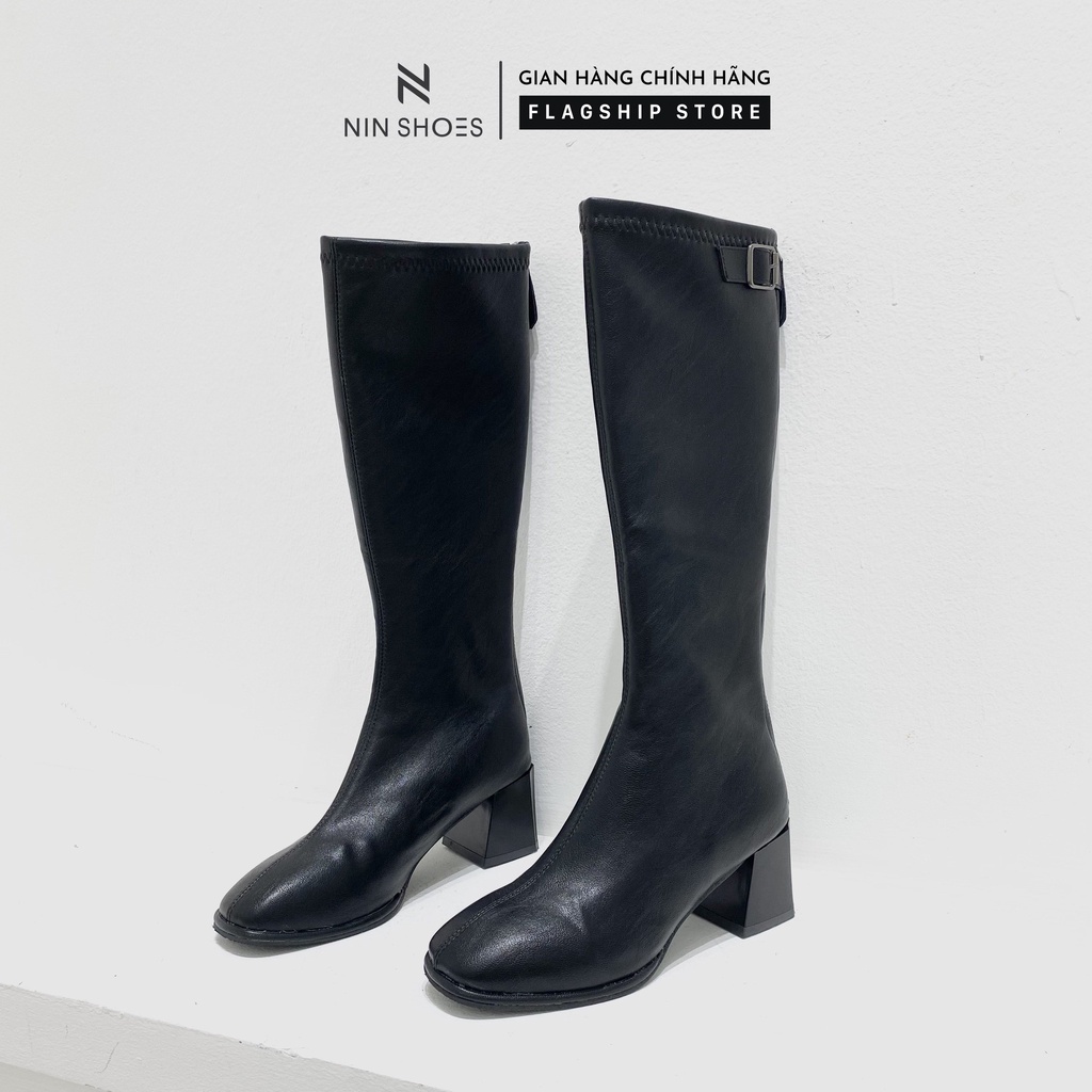 Giày boot đùi nữ 7p gót vuông khóa hông giả kéo khóa sau da si Ninshoes | BigBuy360 - bigbuy360.vn